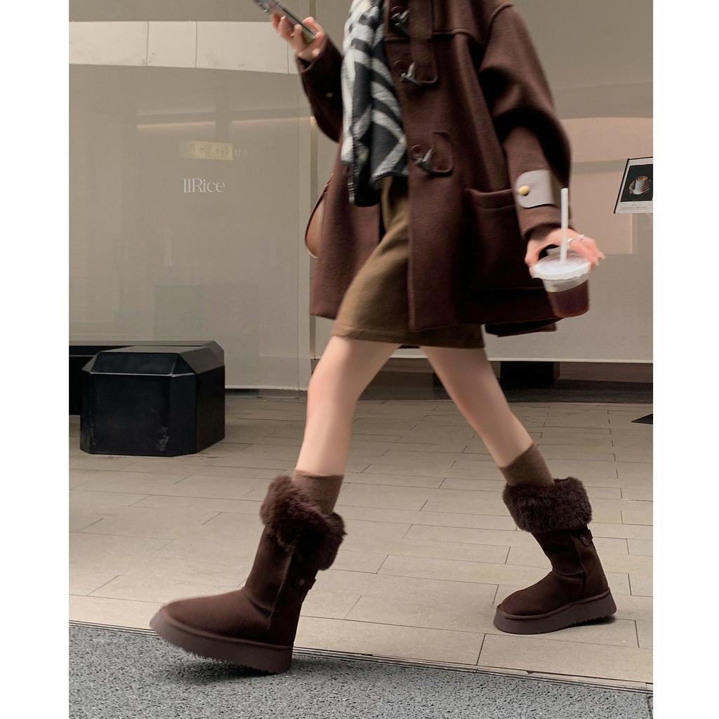 Women's fashion lightweight height-enhancing soft sole winter warm fur one snow boots padded mid-calf lined non-slip casual sports cotton boots