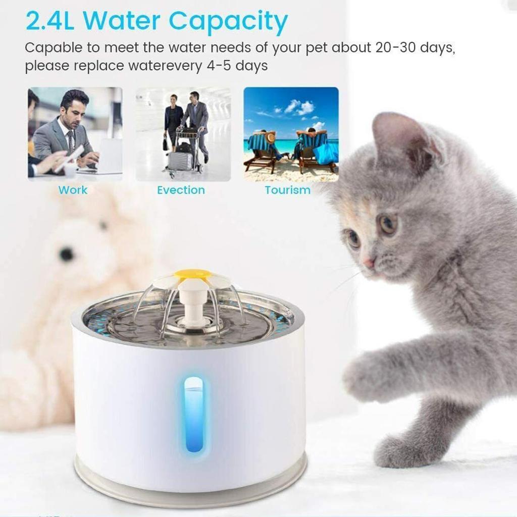 Katzenbrunnen Edelstahl, Haustier Trinkbrunnen für Katzen Indoor, 2,4L/81oz Automatischer Wasserspender