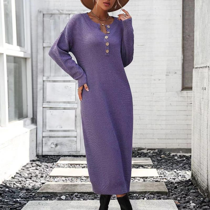 IHUASU Podzimní a zimní knoflíkové pletené šaty Módní Temperament Commuter Dámský svetr