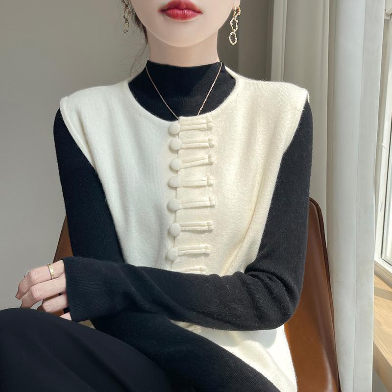 

Новый китайский круглый вырез с пряжкой из пряжки вязаный жилет женский повседневный осенне-зимний комплект без рукавов 2XL бежевый