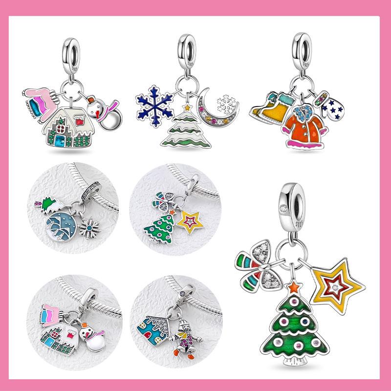 Copper Christmas Snowman House Tree Bells Charms Beads Pendant For Original Bracelet Woman Girl Jewelry