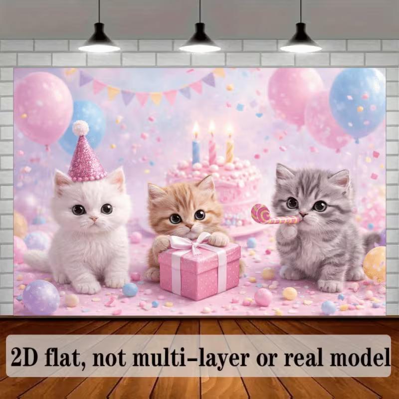 2D Cat Birthday Background Banner, Cute Kitten & Balloon Design Backdrop for Baby Shower Photoshoot