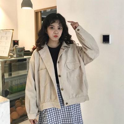 Women's Cargo Jacket Long Sleeve Korean Style Corduroy Thin Blazer Jacket Short Length Loose Top for Spring and Autumn
