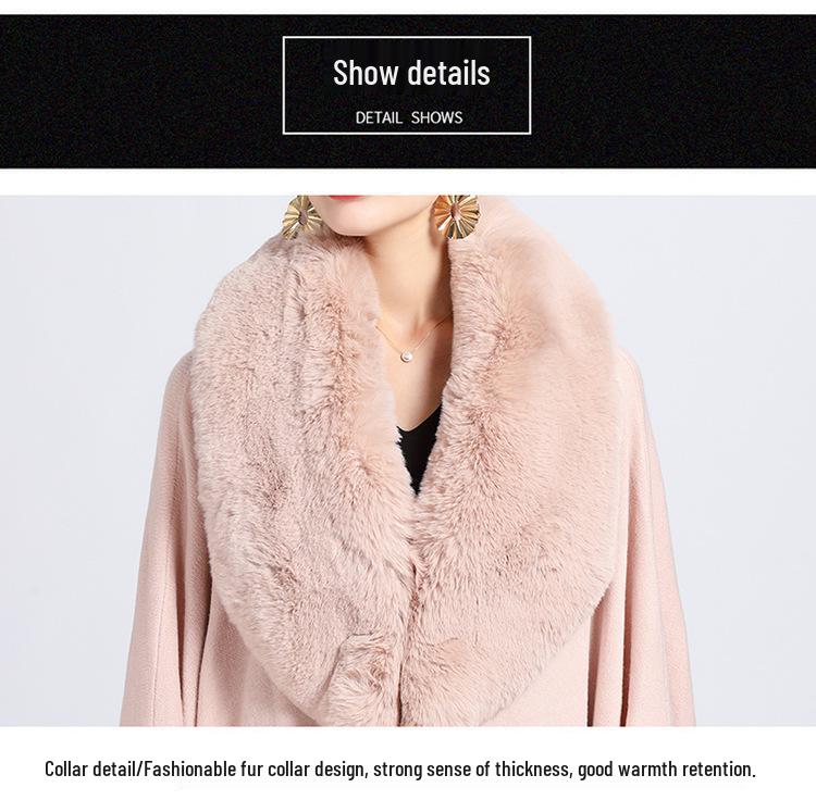 Women's Imitation Rex Rabbit Fur Collar Shawl Cape - Large Size, Knitted Loose Fit Cardigan for Autumn and Winter
