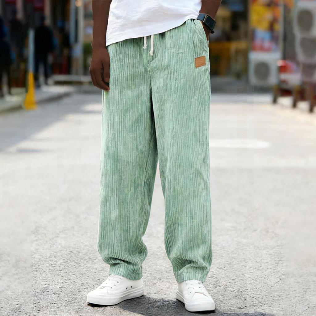 Men Loose Fit Drawstring Waist Corduroy Trousers Casual Straight Leg Pants with Pockets for Everyday Wear