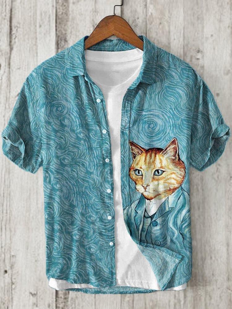 Summer Fashion Large Size Youth Men's Short Sleeve Shirt Linen Cardigan Lapel Funny Cat Ink Painting Print