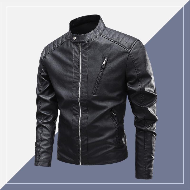 Zipper Street Motorcycle Suit Spring and Autumn Men's PU Leather Clothes Stand Collar Jacket Slim Leather Jacket