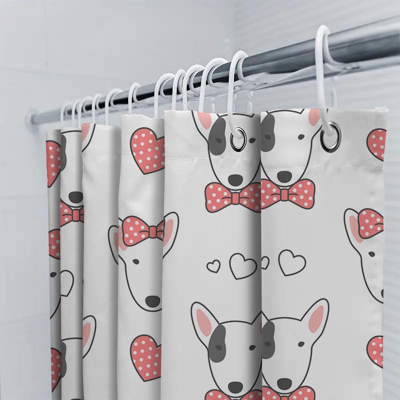 Pink Bow Tie Pattern Shower Curtain Cute Dogs Print Bathroom Decor White Fabric Waterproof Shower Curtains Set (Size180X245Cm)