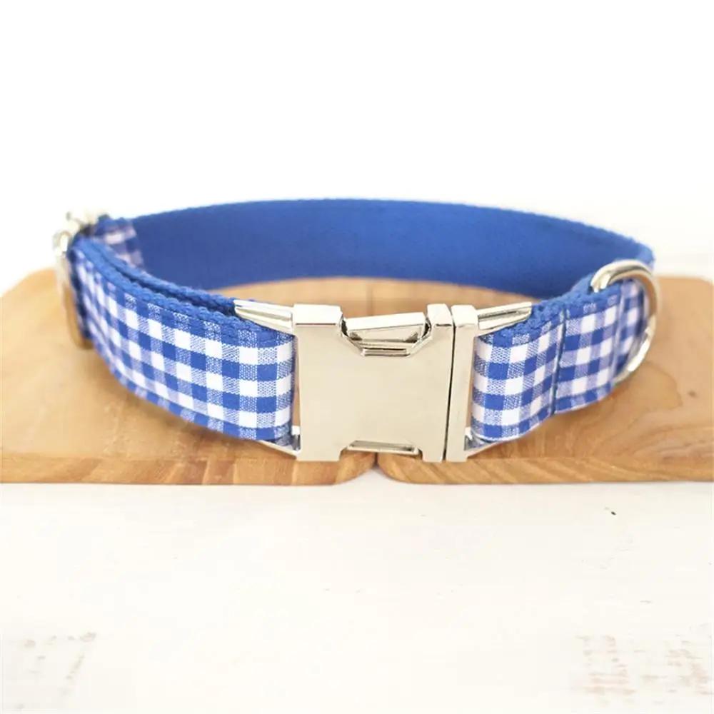 Personalized Dog Collar Customized Engraving Pet Collars ID Nameplate Tag Pet Accessory Blue White Plaid Puppy Collars Leash