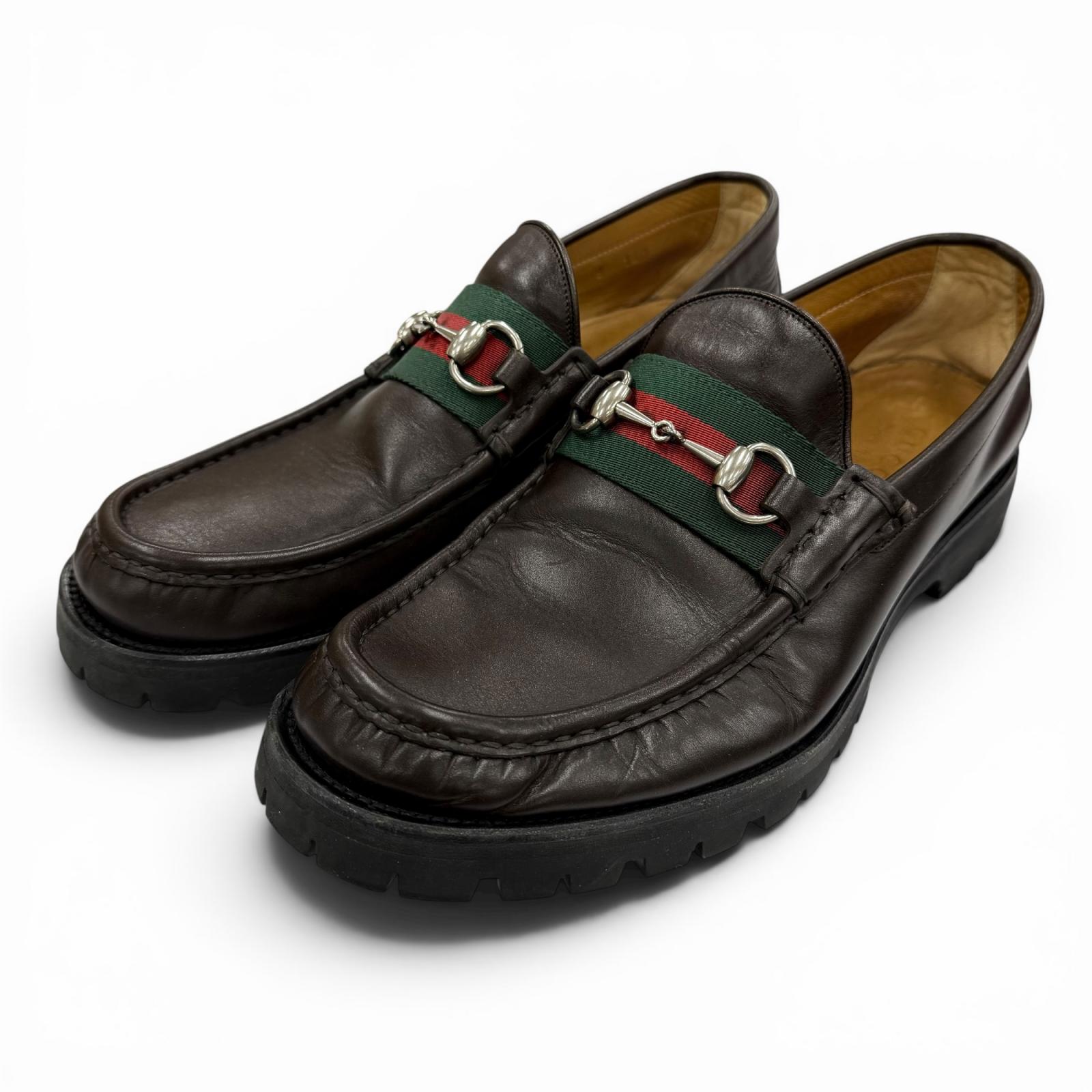 Great GUCCI Leather shoes Web Line Horsebit Loafers Brown leather mens 9 496246 Used
