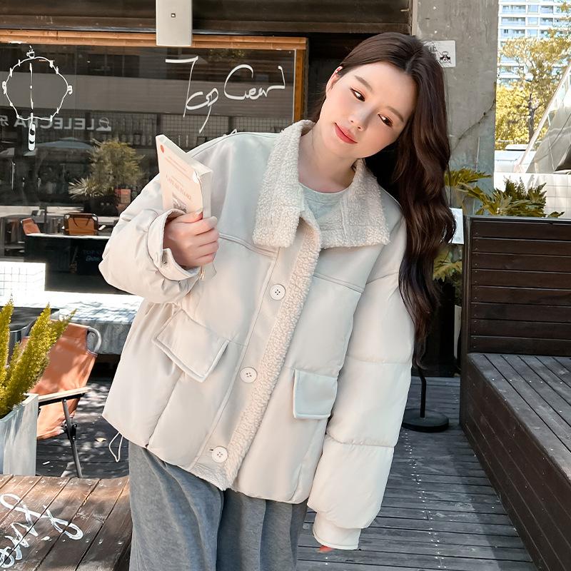 Women's Short Lamb Wool Coat Winter Thickened Jacket Loose Retro Stand Collar Top