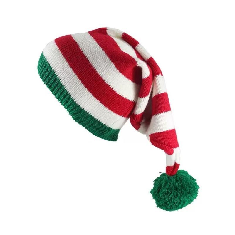 New Christmas knitted hat red and green striped hairball long tail hat Christmas hat cold and warm essential