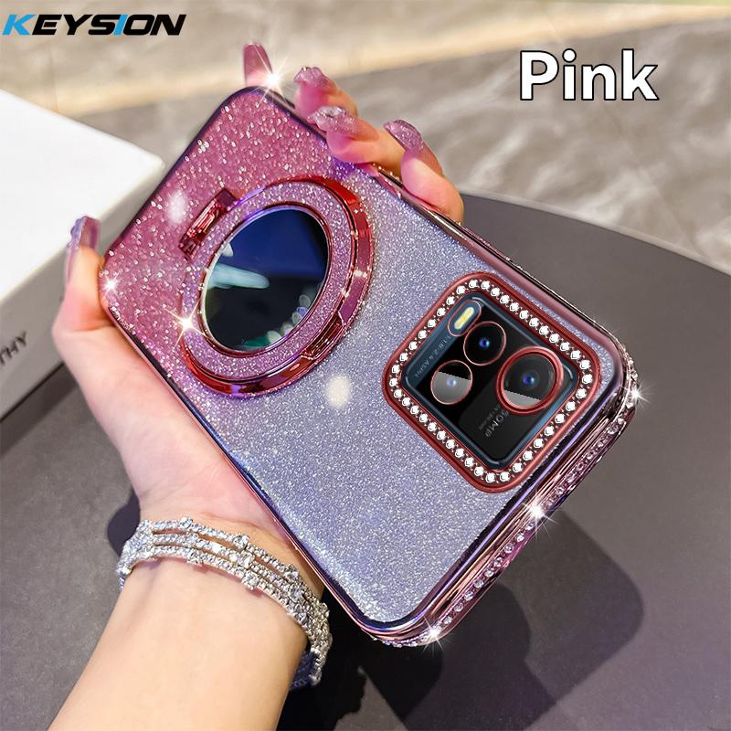 

KEYSION Luxury Glitter Jewelled Magnetic Phone Case for VIVO Y21 Y21S Y21T Y33S Y33T T1X Makeup Mirror Stand Shockproof Cover for VIVO T1X рожевий
