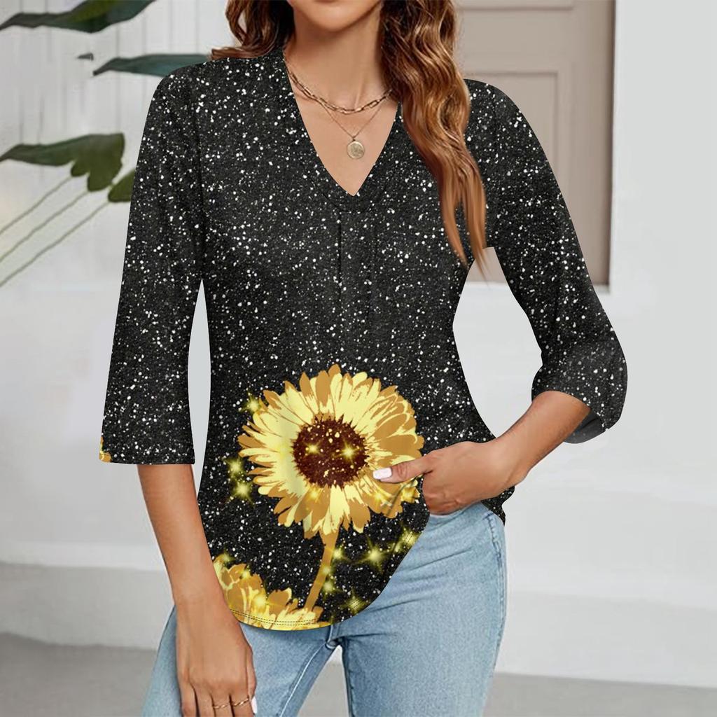 Modisches Oberteil mit V-Ausschnitt, Farbverlauf-Print und Dreiviertelärmeln für Damen