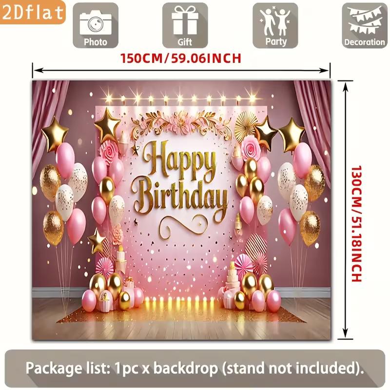 Pink Gold Birthday Tapestry, "Happy Birthday" with Floral and Balloons for Photo Booth