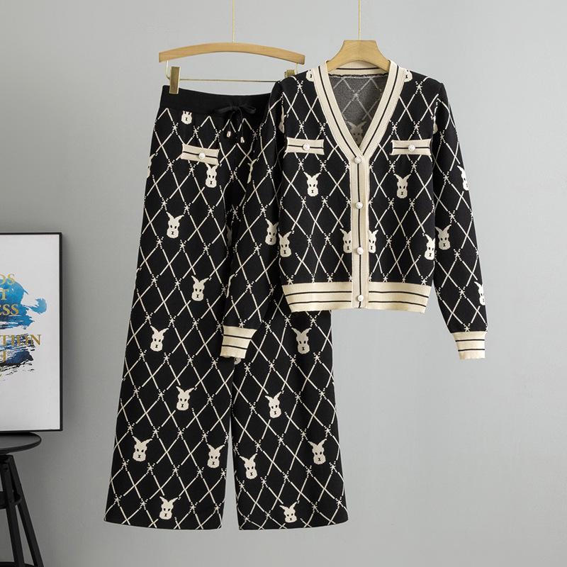 Women's Autumn/Winter Knitted Cardigan & High Waist Wide-Leg Pant Set - Little Fragrance Style Two-Piece Sweater Coat.