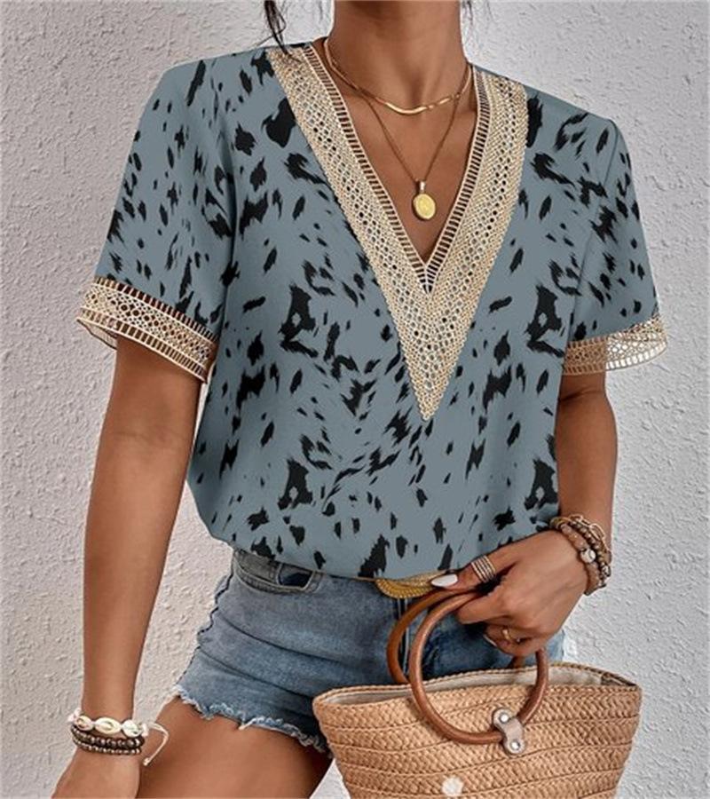 Women's V-Neck Lace Loose Top Commuter Short Sleeve Shirt Women's Splicing Design