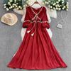 Ethnic Style Red Splicing Woven Fringed V-neck Long-sleeved Dress Women's Summer Waist and Thin Big Swing Dress