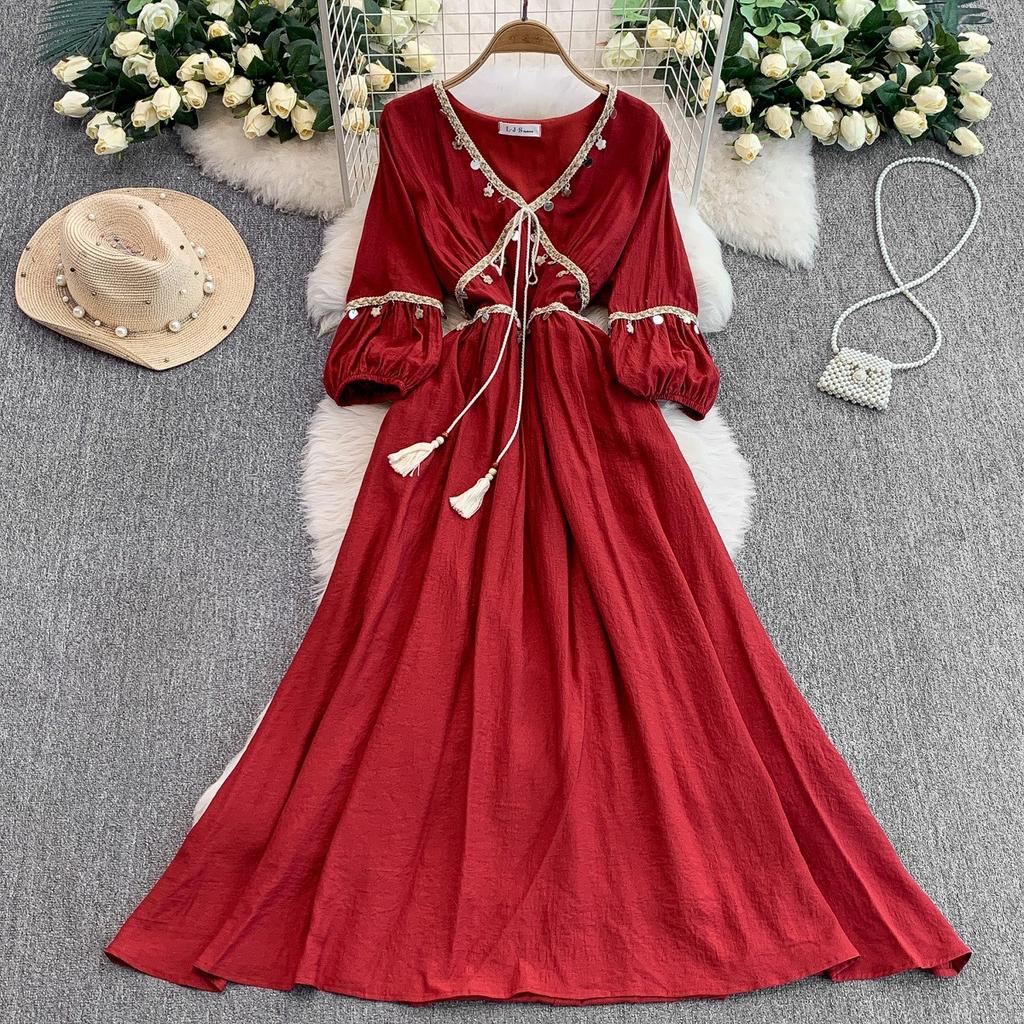 Ethnic Style Red Splicing Woven Fringed V-neck Long-sleeved Dress Women's Summer Waist and Thin Big Swing Dress
