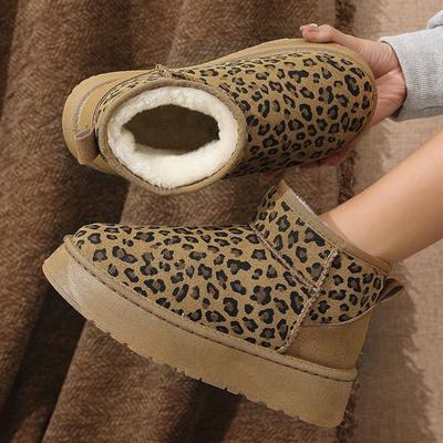 Mode 2025 Winter Leopard Schneestiefel für Damen Slipper Kurzer Plüsch Warm Knöchelstiefel Frau Mode Wildlederimitat Plateau Stiefeletten Weiblich