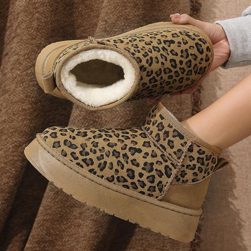 Mode 2025 Winter Leopard Schneestiefel für Damen Slipper Kurzer Plüsch Warm Knöchelstiefel Frau Mode Wildlederimitat Plateau Stiefeletten Weiblich