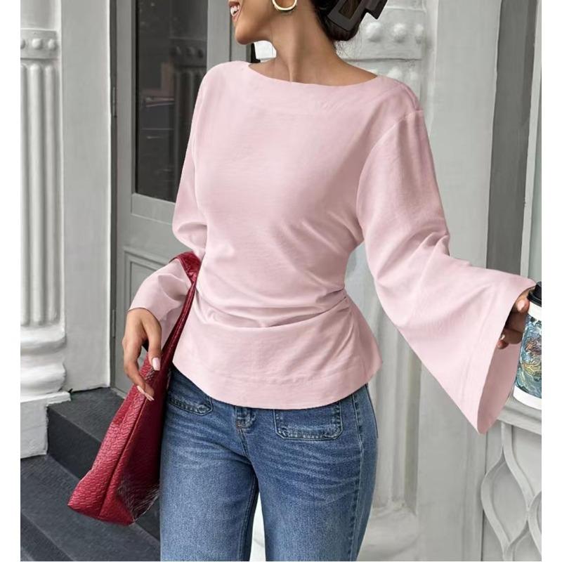 BITCED Women's Fashion Casual Solid Color Print Long Sleeve O-Neck Blouses & Shirts Unique Design