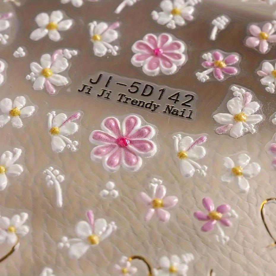 5D French Nail Stickers - Floral & Geometric Love Decor, Golden Frame, Cherry Blossom Design, Self-Adhesive Acrylic Embossed Sliders for Manicure