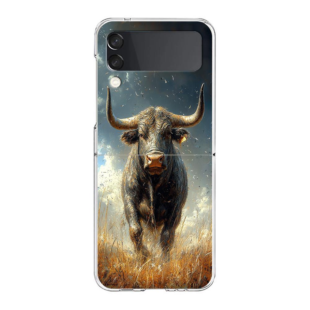 Phone Case For Samsung Galaxy Z Flip 3 4 5 Hard Folding Clear PC Bumper For Samsung Z Flip 6 Back Cover Bull Animal
