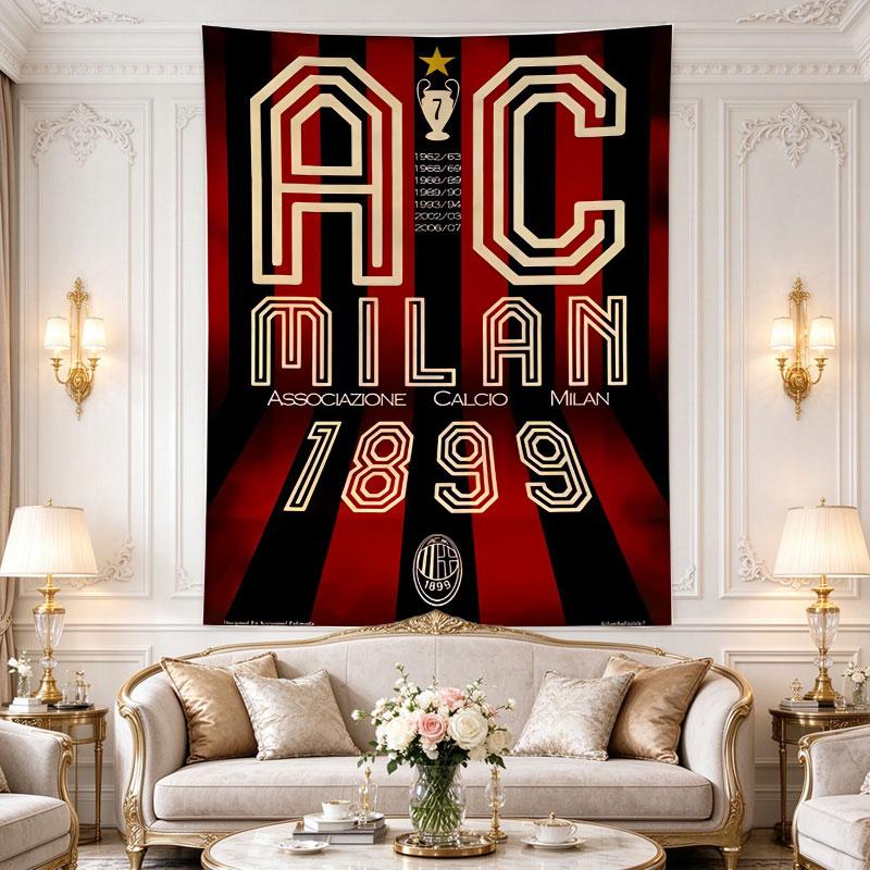 AC Milan 1899 poster prints outlined gold AC MILAN numerals over red-black vertical stripes, retro football-club poster in scarlet Wall Hanging