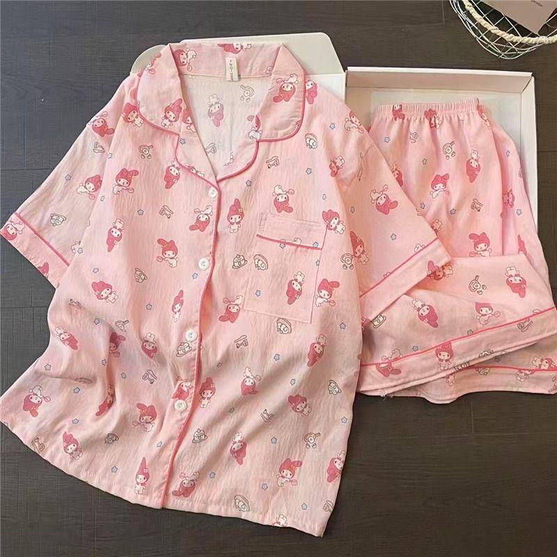 Cute Cloud Cotton Cardigan Pajama Set - Women’s Short Sleeve & Shorts with Cartoon Design Large