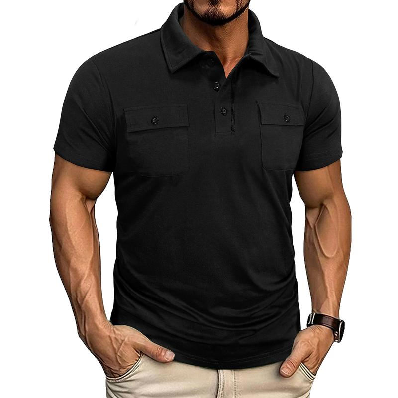 

Men s Short Sleeve Polo Shirt with Double Chest Pockets Casual Solid Color Turn-Down Collar Button Up T-Shirt Breathable Business Casual Tops M чёрный