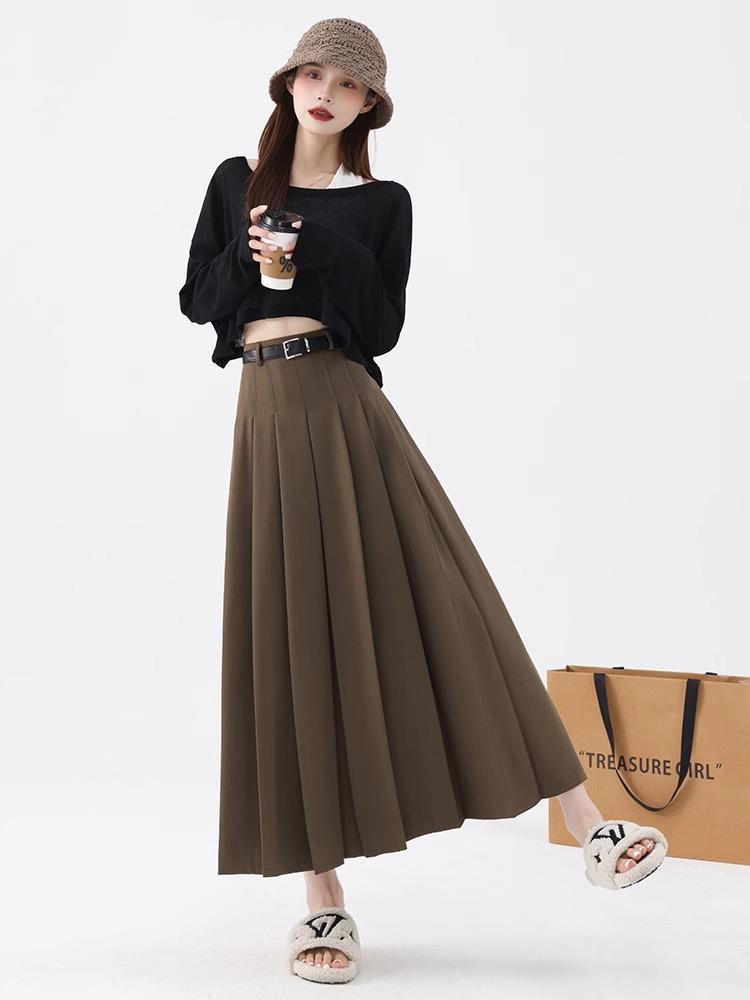 Women's High Waist Gray A-Line Pleated Mid-Length Skirt - Spring, Summer, Autumn 2025