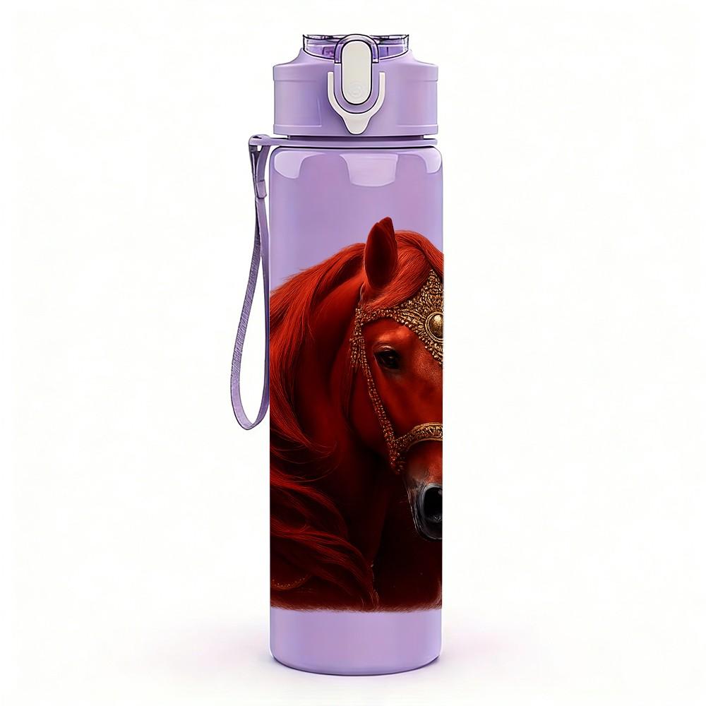 1PC Red Horse Head Portrait Print 750ml Color Plastic Sports Water Bottle Leakproof Flip Straw Lid Suitable for Sports Office Home Use