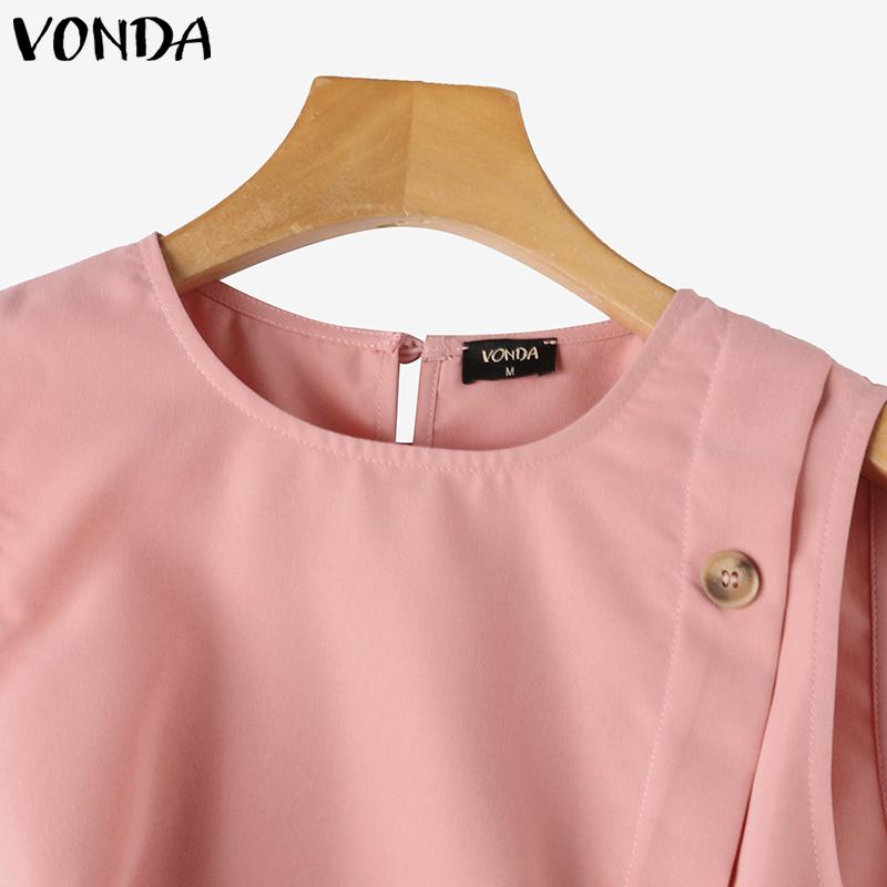 VONDA Women's Summer Round Neck Sleeveless Button Solid Color Casual Tank
