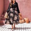 Women's Plus Size V-Neck Floral Patchwork Dress - Long Sleeve & Age-Reducing