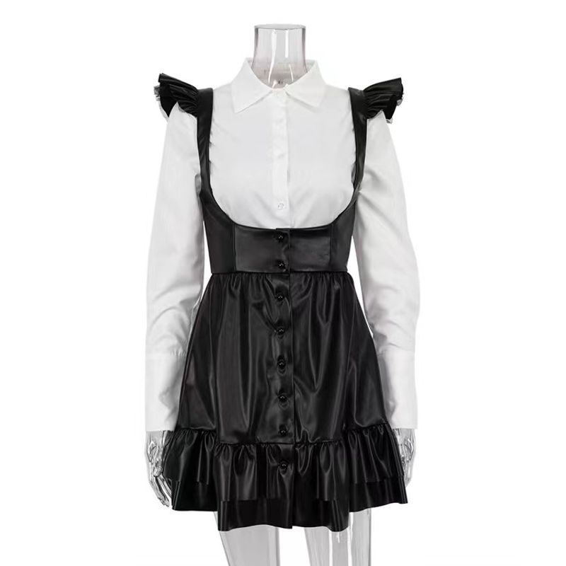 

Fashion Style Long Sleeves Shirt Slip Dress Two-piece Set Shirt and Strap Short Skirt Set Shirt + suspender skirt S