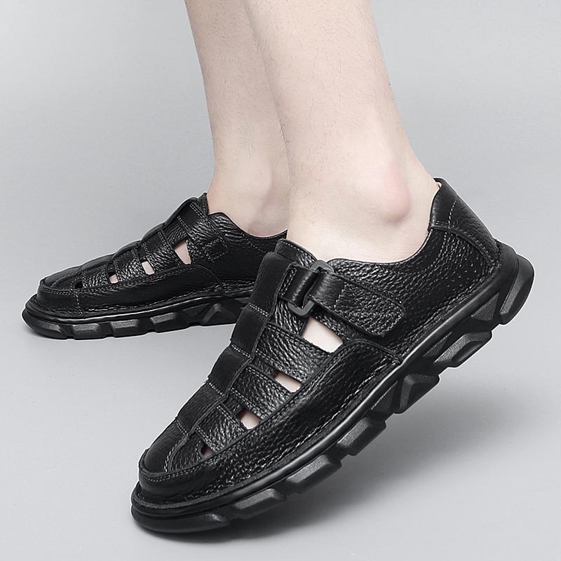 Roman Hollow Sandals Men Shoe Retro Round Toe Layer Cowhide Baotou Summer New Breathable New Personality Street Leather Sandals