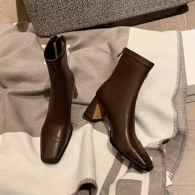 Knöchelstiefel Neu Damen Winter 2024 Schwarz Sexy Quadratische Spitze Niedriger Absatz Schuhe Schuhwerk Reißverschluss Bequem Kurze Stiefel Weiß Stretch Enganliegende Stiefel