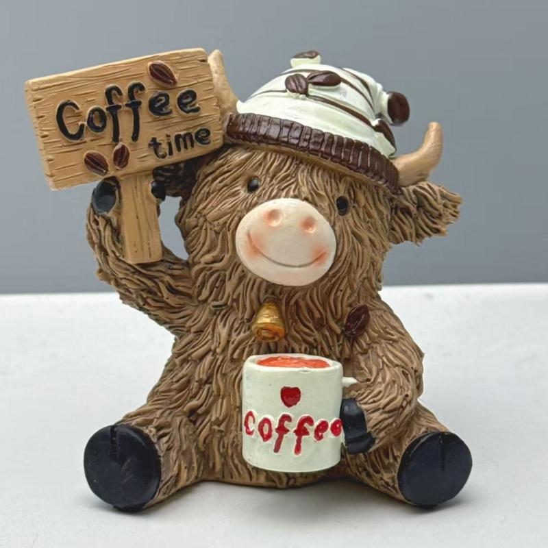 Coffee Highlands Cow Figurines Farmhouse Decors,Resins Animal Statue Table Ornament Garden Bookshelfs Decors Calf Lover