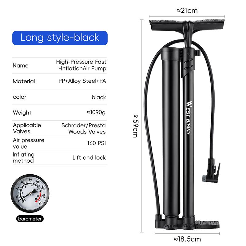 WEST BIKING Bicycle Pump 160PSI High Pressure Floor Pump Fast Inflation Blast Pump With Pressure Gauge MTB Road Bike Accessories
