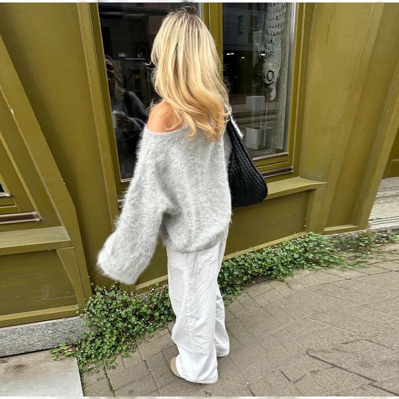 Casual Cross-Border Fashion Sweater with Seahorse Hair, Solid Color, Slanted Neck, and Long Sleeves