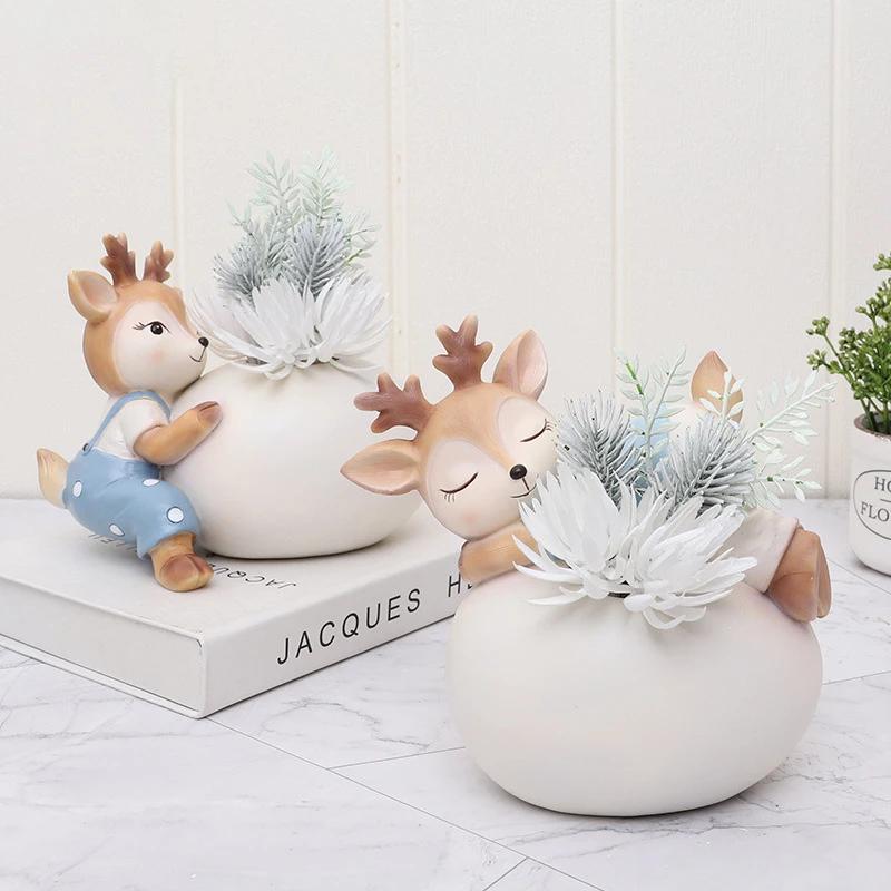 Fairy Deer Garden Pot for Dried Flowers, Decorative Planter Flower Pots, Animal Statue Figurine Home Desktop Decoration
