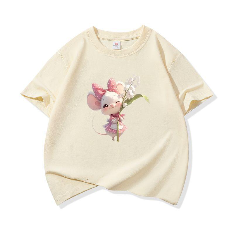 Kids Cotton T Shirt Sweet Mouse With Lily Flower Print Crew Neck Short Sleeve Tee Casual Boys Girls Summer Tops