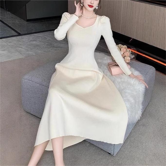 Autumn/Winter A-Line Knitted Dress with Puff Sleeves and Square Neck - Waist-Slimming, Elegant Socialite Style