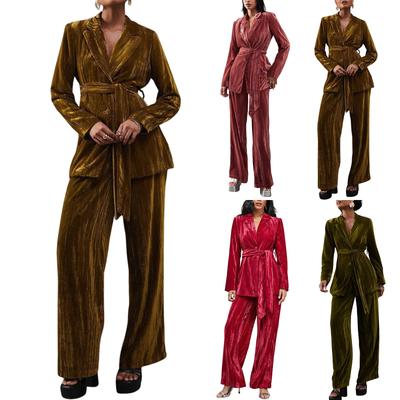 Damenmode Lässig Langärmelig Einfarbig Plissiert Samt Zweiteiliges Set Mit Und Gerade geschnittene Hose