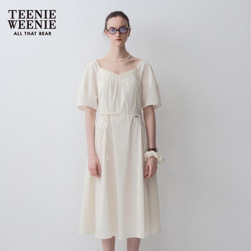 Teenie Weenie Women's Textured White Square Neck Puff Sleeve Dress