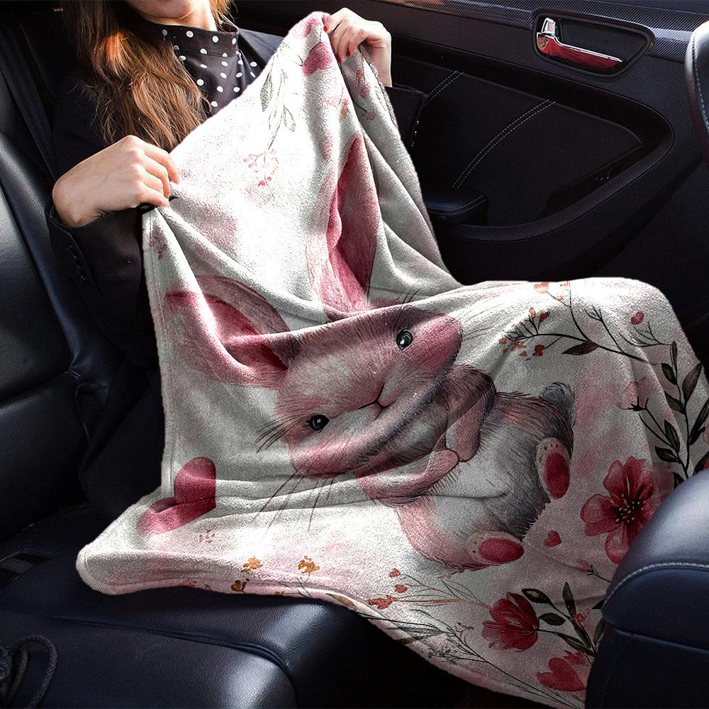 1pc Rabbit Flowers Blanket Lightweight Flannel Throw for Sofa Bed Travel Camping Livingroom Office Couch Chair