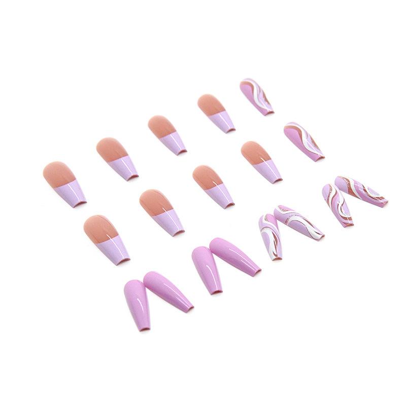 Umělé nehty Dlouhé Baletní Fialové Jemné Vlnky Lesklé Úlomky Sestavené Nehtové Dílky