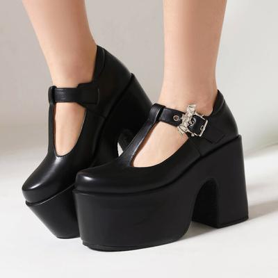 FOREADA Escarpins Plateforme en Cuir PU pour Femmes Talons Aiguilles Super Hauts Bout Rond T-Bar Boucle de Ceinture Concis Chaussures Printemps Automne Blanc