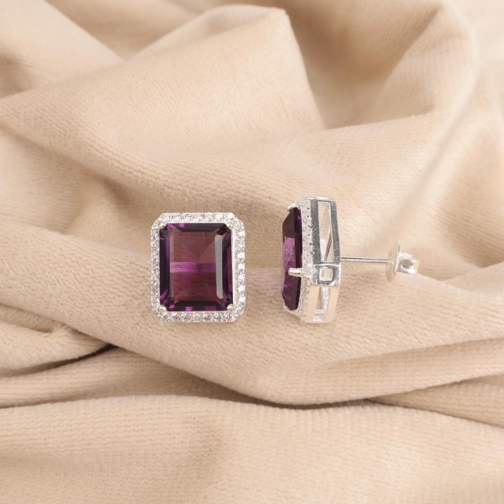 Amethyst Gemstone 925 Solid Silver Jewelry Push Back Zircon Studs 0.57" For Her CZE-6-3